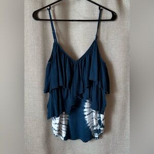 Chaser•ruffled tie-dye tank top•women’s medium•viscose•spaghetti strap•teal/blue